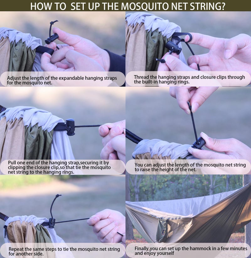 Qevooon Camping Hammock  Portable Hammocks with Mosquito Net Lightweight Nylon Parachute Hammock with 10ft Tree Straps Camping Gear Must Haves for Travel Hiking Backpacking Beach Patio-Green&Khaki - Image 5